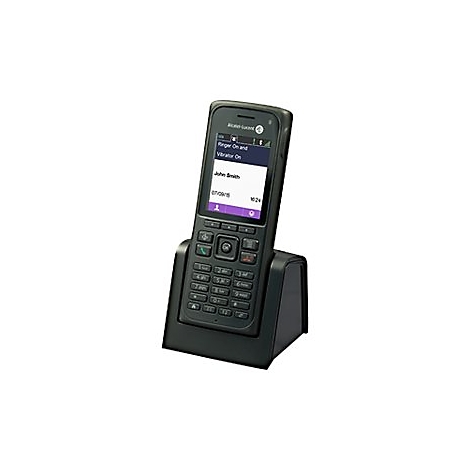 Schwarzes Alcatel-Lucent schnurloses Telefon in einer passenden Ladestation vor weißem Hintergrund.
