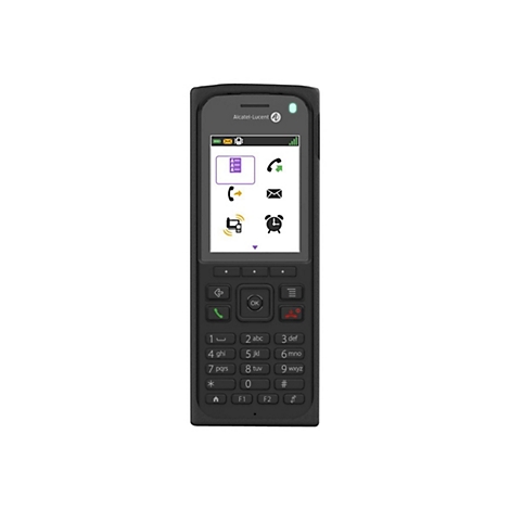 Schwarzes Alcatel-Lucent DECT-Telefon mit beleuchtetem Farbdisplay und Tastenfeld vor weißem Hintergrund.