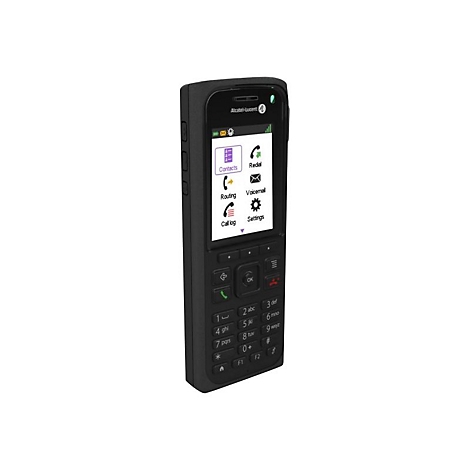 Schwarzes Alcatel-Lucent DECT-Mobilteil mit Menüanzeige auf dem Display vor weißem Hintergrund.