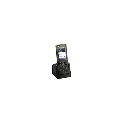 Schwarzes schnurloses Telefon in einer Ladeschale vor weißem Hintergrund.
