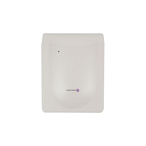 Hellgrauer Alcatel-Lucent WLAN-Access-Point mit einem kleinen Punkt als Statusleuchte vor neutralem Hintergrund.