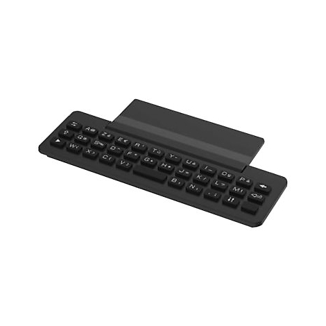 Schwarze, flache Tastatur mit QWERTY-Layout auf hellem Hintergrund.