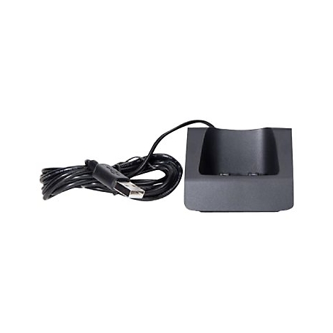 Schwarze Ladestation mit USB-Kabel vor weißem Hintergrund.