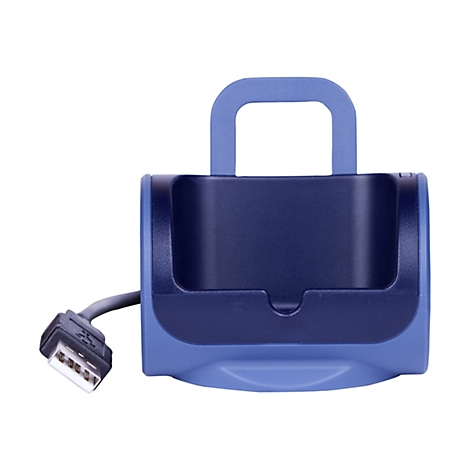 Blaue Ladestation mit USB-Kabel vor weißem Hintergrund.