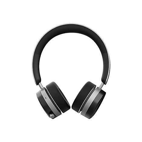 Schwarze, moderne Over-Ear-Kopfhörer mit silbernen Akzenten vor weißem Hintergrund.