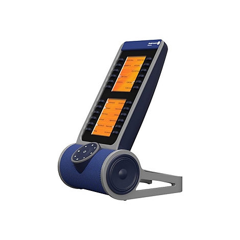 Alcatel-Lucent Konferenztelefon mit vertikalem Touchscreen auf blauem, zylindrischem Lautsprecherfuß vor weißem Hintergrund.