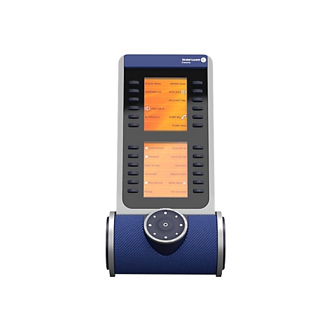 Alcatel-Lucent Konferenztelefon mit vertikalem Touchscreen, orangefarbenen Menüelementen und blauem Lautsprecher.