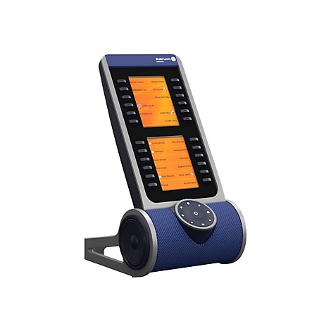 Alcatel-Lucent Enterprise Tischtelefon mit vertikalem Touchscreen und blauem Stoff-Lautsprechergehäuse.