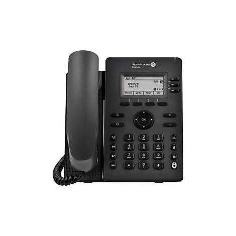 Schwarzes Alcatel-Lucent Schreibtischtelefon mit Hörer, Display, Ziffernblock und Funktionstasten auf weißem Grund.