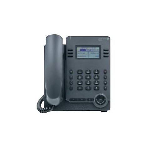 Dunkelgraues Tischtelefon mit Display, Tastenfeld und Hörer auf neutralem Hintergrund.