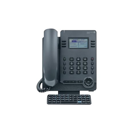 Graues Tischtelefon mit HÃ¶rer, Display und Tasten. Unter dem Telefon befindet sich eine kleine Tastatur.