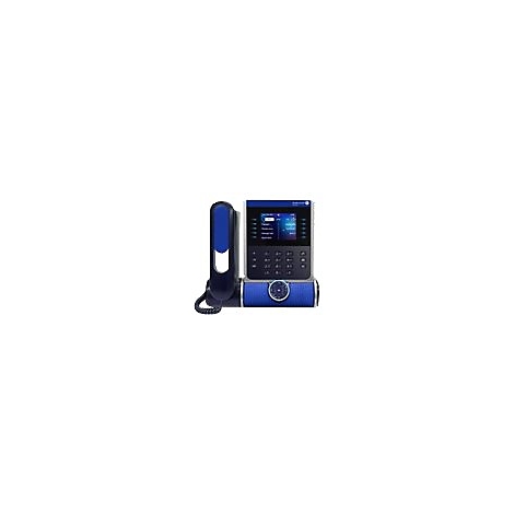 Blaues IP-Telefon mit Touchscreen-Display und Ziffernblock vor neutralem Hintergrund.