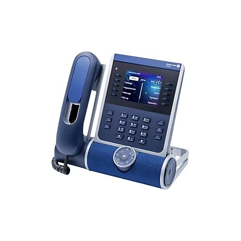 Blaues IP-Telefon mit Display, Ziffernblock und Hörer vor weißem Hintergrund.