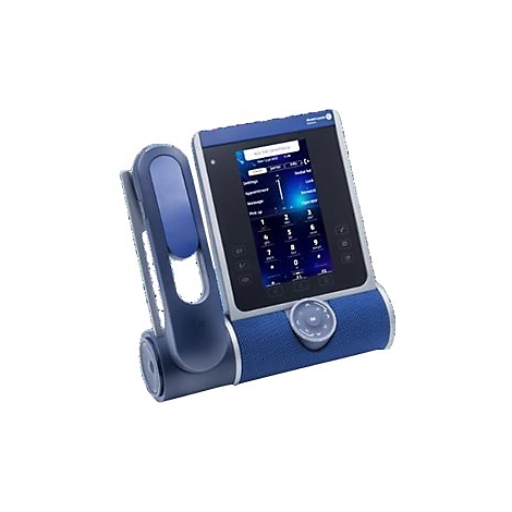 Modernes IP-Telefon in Blau und Silber mit Touchscreen-Display und Hörer vor weißem Hintergrund.