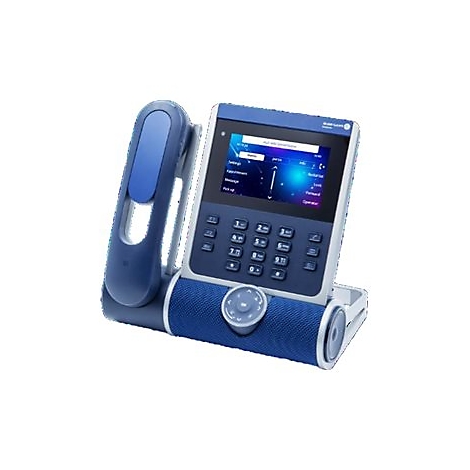 Modernes blaues IP-Bürotelefon mit Touchscreen-Display und Hörer.