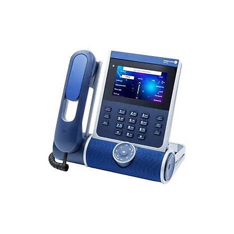 Blaues Tischtelefon mit Display, Tastenfeld und Hörer vor weißem Hintergrund.