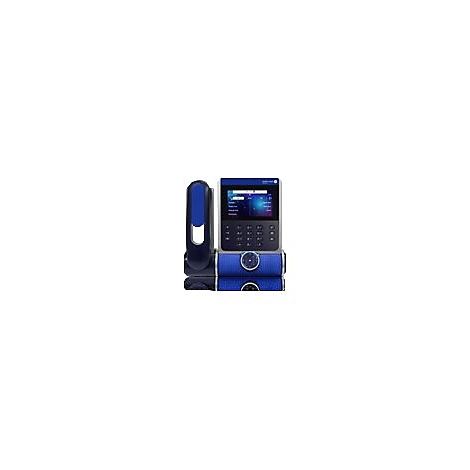 Modernes Tischtelefon mit blau-schwarzem Gehäusedesign und integriertem Farbdisplay.