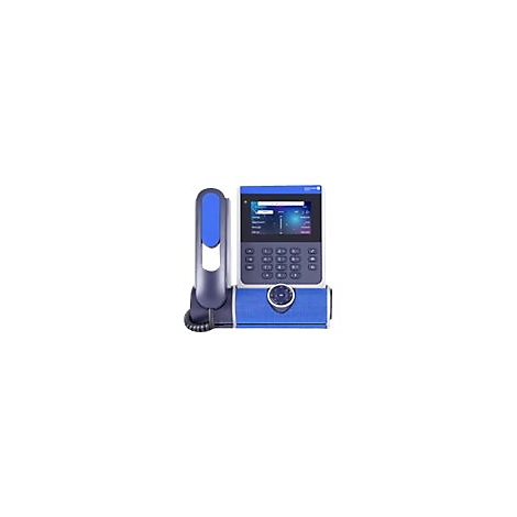 Modernes IP-Telefon mit blau-schwarzem Gehäusedesign, Display und Tastenfeld auf weißem Hintergrund.