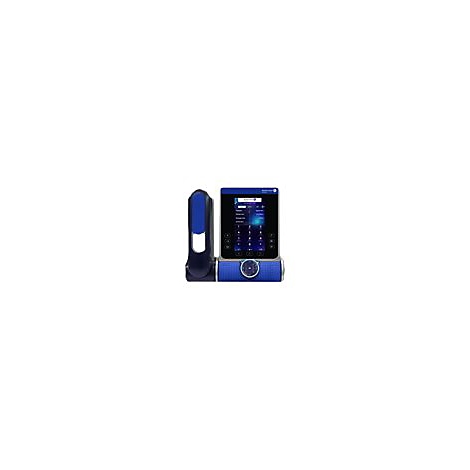 Medizinisches Infusionsgerät mit blauem Gehäuse, Touchscreen-Display und seitlicher Halterung vor weißem Hintergrund.