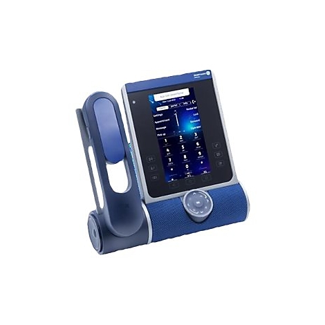 Blaues IP-Telefon mit Touchscreen-Display und seitlich angebrachtem Hörer vor weißem Hintergrund.