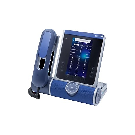Modernes Alcatel-Lucent Schreibtischtelefon mit großem Touch-Display und blauem Design.