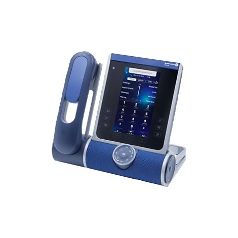 Blau-silbernes Alcatel-Lucent IP-Telefon mit Touchscreen und Hörer auf weißem Hintergrund.
