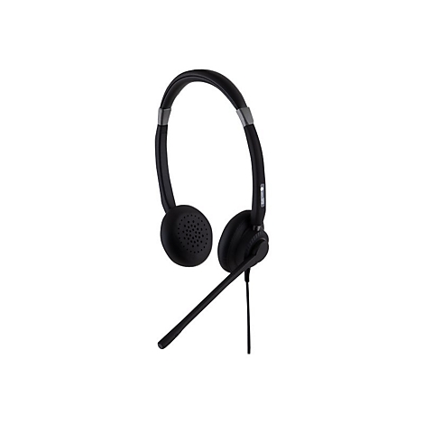 Schwarzes kabelgebundenes Headset mit verstellbarem Mikrofonarm vor weißem Hintergrund.