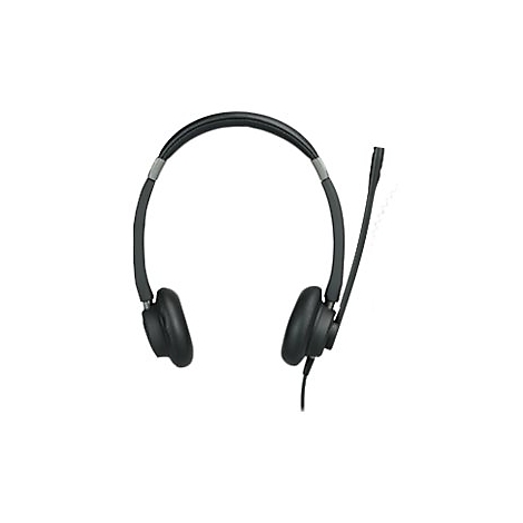 Schwarzes On-Ear-Headset mit verstellbarem Kopfbügel und Mikrofonarm vor weißem Hintergrund.