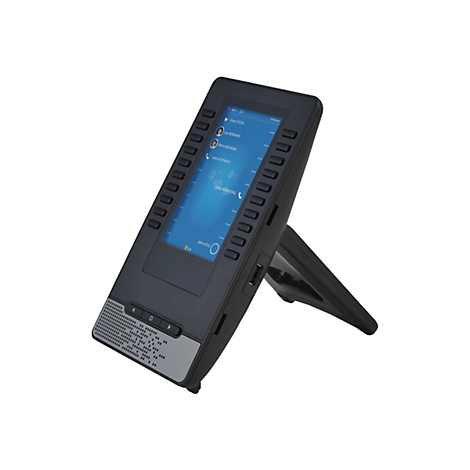 Schwarzes Touchscreen-Telefon mit blauem Display auf einem Standfuß vor weißem Hintergrund.