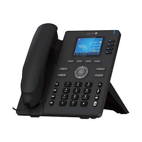 Schwarzes Alcatel-Lucent IP-Telefon mit Display, Tastatur und Hörer auf weißem Hintergrund.