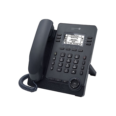 Schwarzes Alcatel-Lucent Schreibtischtelefon mit Display und Ziffernblock vor weißem Hintergrund.