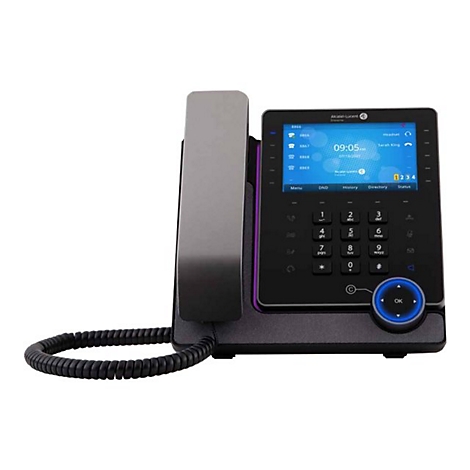 Schwarzes Alcatel-Lucent IP-Telefon mit Farbdisplay, Ziffernblock und beleuchtetem Navigationsring vor weißem Hintergrund.