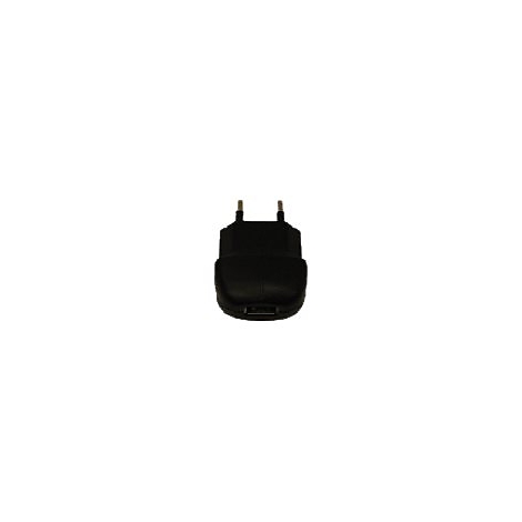 Schwarzer USB-Wandstecker mit EU-Steckerpins vor weißem Hintergrund.
