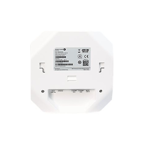 Rückseite eines weißen Alcatel-Lucent Wireless Access Points mit Anschlüssen und Typenschild.