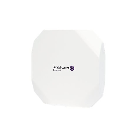 Weißer, achteckiger Alcatel-Lucent Enterprise WLAN-Access-Point vor weißem Hintergrund.