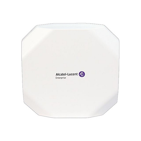 Weißer, achteckiger Alcatel-Lucent Enterprise WLAN-Access-Point vor weißem Hintergrund.