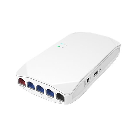 Weißer Netzwerk-Router mit fünf Ethernet-Anschlüssen, USB-Port und Status-LEDs auf weißem Hintergrund.