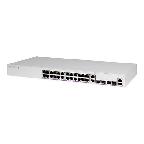 Weißer Netzwerk-Switch mit zahlreichen RJ45- und SFP-Ports vor weißem Hintergrund.