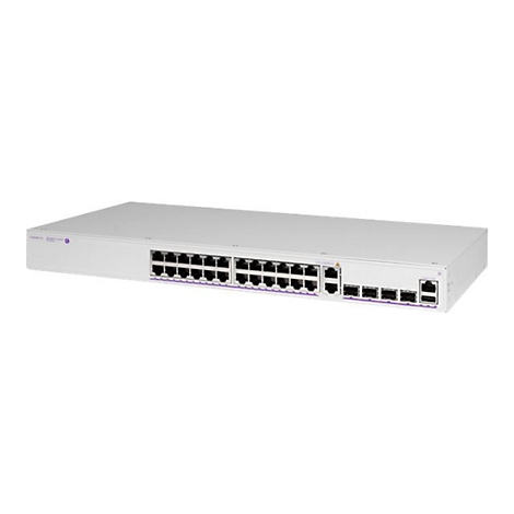 Ein weißer Netzwerk-Switch mit zahlreichen LAN- und Glasfaser-Ports vor einem weißen Hintergrund.
