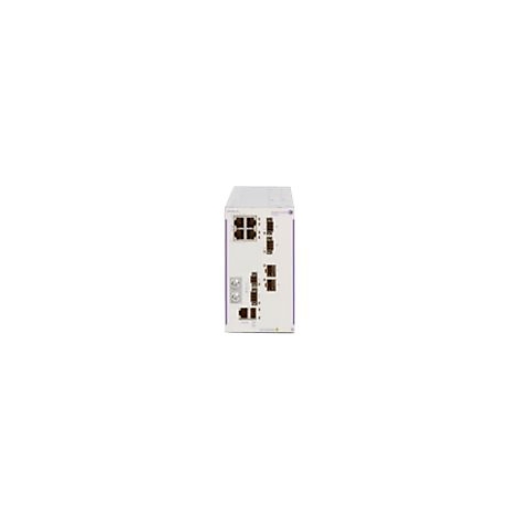 Industrieller Netzwerk-Switch in einem hellgrauen, rechteckigen Gehäuse mit mehreren Ethernet- und Glasfaseranschlüssen.