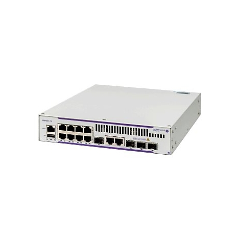 Alcatel-Lucent Enterprise Netzwerk-Switch in einem hellgrauen Metallgehäuse mit zahlreichen Anschlüssen auf der Vorderseite.