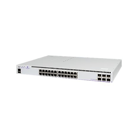 Ein weißer Netzwerk-Switch mit 24 Ports und SFP-Anschlüssen vor weißem Hintergrund.