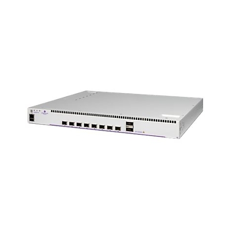 Flacher, weißer Netzwerk-Switch mit mehreren Ports und Status-LEDs auf weißem Grund.