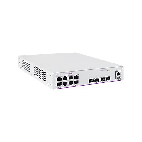 Ein weißer Netzwerk-Switch mit acht RJ45-Ports und vier Glasfaser-SFP-Anschlüssen.