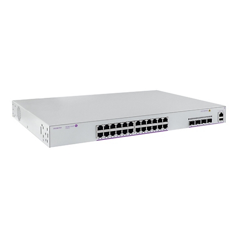 Hellgrauer Alcatel-Lucent Enterprise Netzwerk-Switch OS2260-P24 mit zahlreichen Anschlüssen vor weißem Hintergrund.
