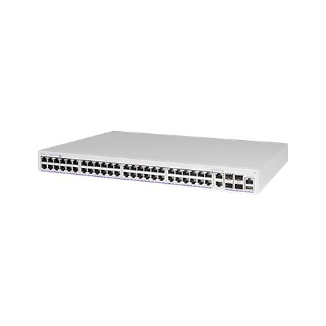 Flacher, weißer Netzwerk-Switch mit zahlreichen Anschlüssen auf der Vorderseite vor neutralem Hintergrund.