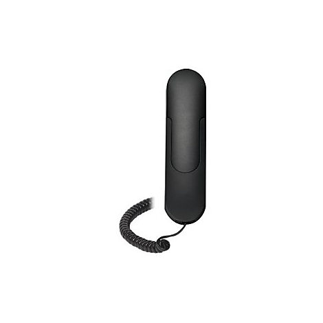 Schwarzes Telefon mit gewelltem Kabel vor weißem Hintergrund.