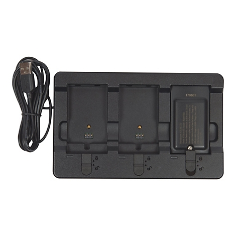 Schwarze Ladestation für drei Akkus mit USB-Kabel und eingesetztem Akku.