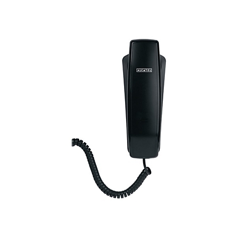 Schwarzes Alcatel Wandtelefon mit Spiralkabel auf weißem Hintergrund.