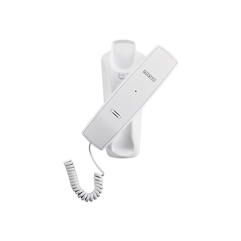 WeiÃŸes Wandtelefon von Alcatel. Es hat eine lange, rechteckige HÃ¶rerablage mit dem Markennamen.